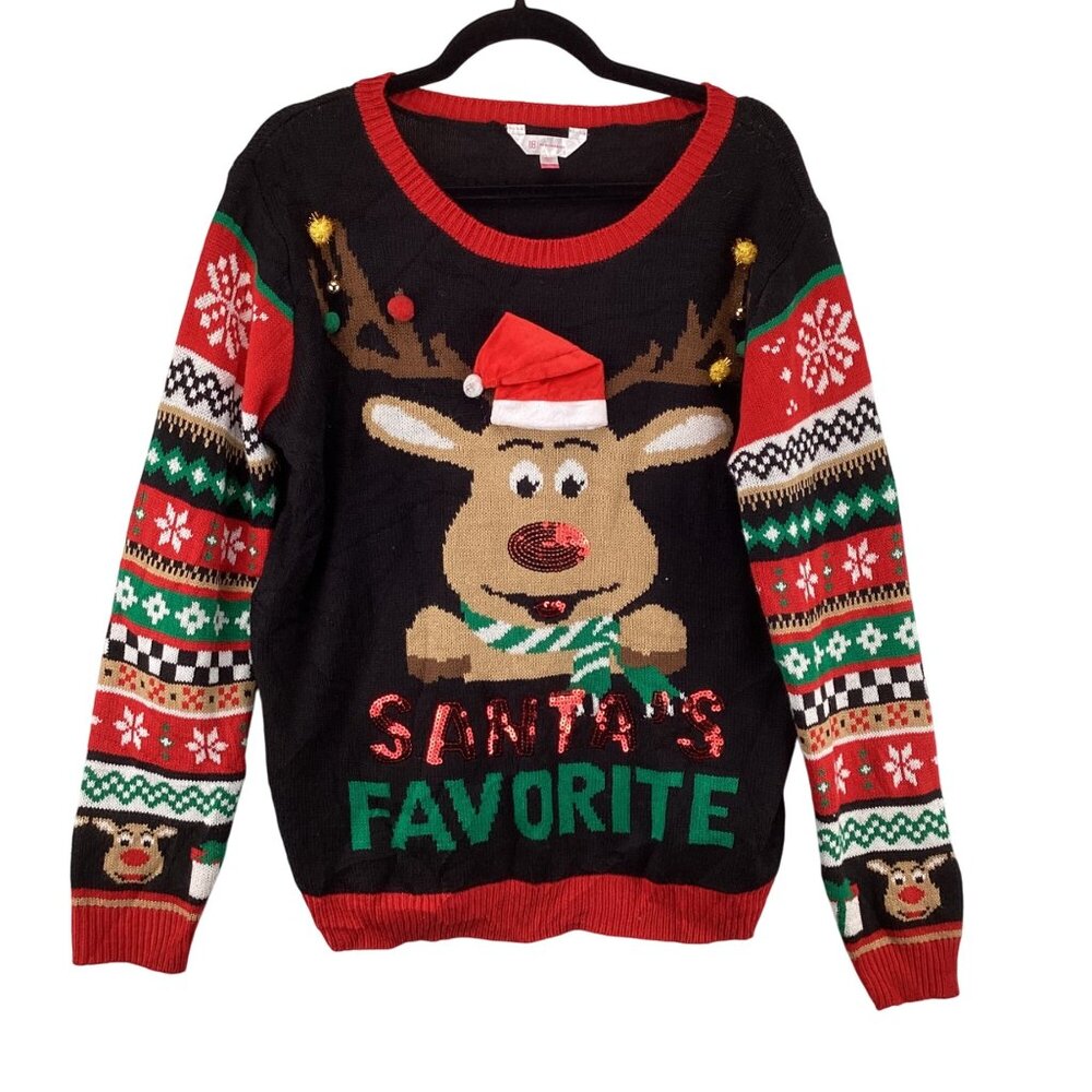 Santas Favorite Christmas Reindeer Sweater‎ Size XXL Bells & Sequins Black Red